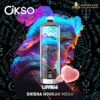A vibrant blue and purple rooster with orange accents is behind a futuristic silver and blue device labeled "Okso" and "LOVE66", set against a black background with glowing mystical symbols and text reading "SHISHA HOOKAH MEGA".