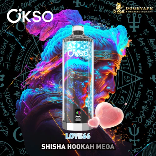 Un coq bleu et violet vibrant avec des accents orange se trouve derrière un appareil futuriste argenté et bleu étiqueté « Okso » et « Love66 », sur un fond noir avec des symboles mystiques lumineux et un texte indiquant « Shisha Hookah Mega ».