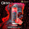 Colorful digital illustration of a torso with vibrant red and blue hair on a dark background with cryptic red symbols, featuring a tall, transparent vaping device with the brand name OKSO and the label Lush Ice, and the text SHISHA HOOKAH MEGA
