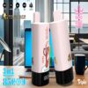 Two pink and black Bang King Vapen disposable vape devices with fruit illustrations, placed on a desk in a modern office with a laptop and coffee mug in the background