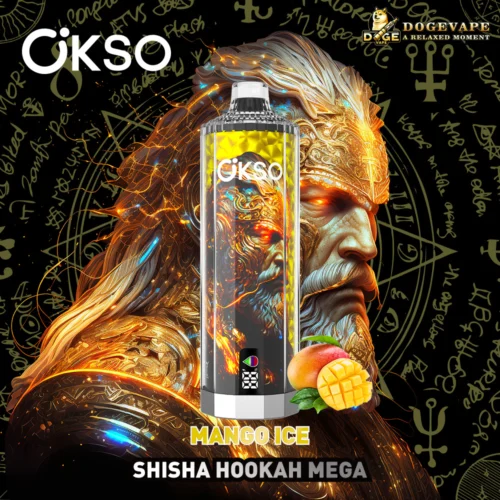 Figurine de guerrier futuriste complexe, dorée et orange, aux accents lumineux sur un fond sombre avec des symboles mystiques dorés, comportant les logos des marques Okso et Dogevape, ainsi qu'un texte indiquant la saveur « Mango Ice ».
