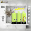Three lime green disposable vape devices labeled Grapice, Grape Ice, and Mango Peach, placed on a white marble shelf with dried flowers in a vase behind them, featuring branding and specifications such as 7500 puffs, 3-in-1 adjustable flavors, type-C charging, 650mAh battery, and 15ml capacity each.