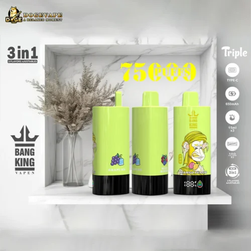Three Lime Green Disposable Vape Devices Labeled Grapice, Grape Ice, And Mango Peach, Placed On A White Marble Shelf With Dried Flowers In A Vase Behind Them, Featuring Branding And Specifications Such As 7500 Puffs, 3-In-1 Adjustable Flavors, Type-C Charging, 650Mah Battery, And 15Ml Capacity Each.
