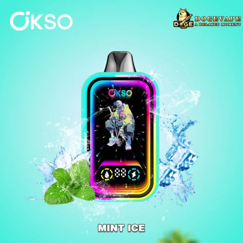 Appareil de vapotage de marque Okso avec un cadre néon coloré et un graphisme d'un squelette portant une veste et des baskets à l'écran, entouré d'éclaboussures d'eau, de glaçons et de feuilles de menthe fraîche sur un fond turquoise, avec les logos d'Okso et de Dogevape et le texte « Mint Ice ».