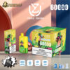 Two packages and one vape device with cartoon apes and bright colours, labelled 60,000 puffs, in a modern setting with shadows, featuring warnings about nicotine's addictiveness and icons indicating triple mesh coil, 54ml capacity, 850mAh battery, and Type-C port