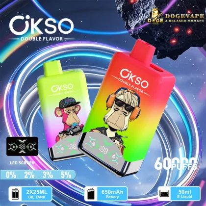 Promotional Image Featuring Two Graphic Vape Devices From 'Okso Double Flavor,' Each Adorned With Cartoon Monkey Designs, Vibrant Gradients, And Specifications Like 650Mah Battery And 60,000 Puffs Capacity, Displayed Against A Futuristic Backdrop.