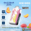 Gazzbar Ice God Peach Ice vape device with 50,000 puffs, featuring a pink and white body with abstract paint design, surrounded by ice cubes and peach slices, highlighting features like 50K puffs, 5 levels of personalized coolness, and a bit-friendly mouthpiece.