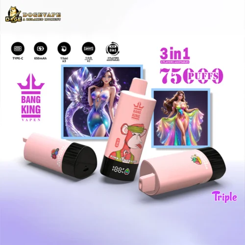 Three Pink Bang King Vape Devices With Black Mouthpieces And Digital Displays, Surrounded By Colorful Fantasy-Themed Illustrations Of Two Women With Blurred Faces, And Text Highlighting 3-In-1 Flavors, 75 Puffs, And Technical Specs Like Type-C Charging And 650Mah Battery Capacity.