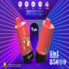 Two red disposable vape devices with cartoon monkey and strawberry donut designs on a purple and blue striped background, highlighting features like Type-C charging, 600mAh battery, 21ml e-liquid, mesh coils, and 3 adjustable flavors with 8500 puffs capacity.