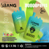 Two turquoise and green gradient disposable vape devices branded S.BANG BANG LEADER with a stylised monkey wearing goggles logo, advertising 80000 puffs and triple flavor options including raspberry mojito peach ice, strawberry and watermelon, and kiwi passion fruit guava, on a vibrant green and blue abstract background with type-C charging, dual mesh, and a nicotine addiction warning.