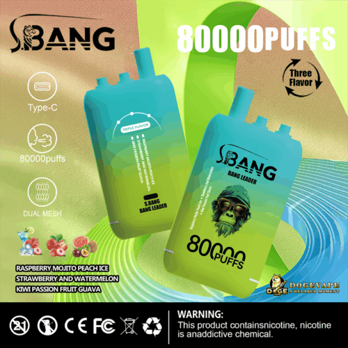 Two Turquoise And Green Gradient Disposable Vape Devices Branded S.bang Bang Leader With A Stylised Monkey Wearing Goggles Logo, Advertising 80000 Puffs And Triple Flavor Options Including Raspberry Mojito Peach Ice, Strawberry And Watermelon, And Kiwi Passion Fruit Guava, On A Vibrant Green And Blue Abstract Background With Type-C Charging, Dual Mesh, And A Nicotine Addiction Warning.