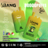 Two yellow and green gradient disposable vape devices with S.BANG branding, highlighting 80000 puffs, triple flavor (red bull, blueberry watermelon, apple pear), dual mesh, and Type-C charging on a textured green and beige background with fruit icons and a warning about nicotine addiction.