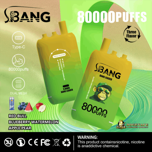 Two Yellow And Green Gradient Disposable Vape Devices With S.bang Branding, Highlighting 80000 Puffs, Triple Flavor (Red Bull, Blueberry Watermelon, Apple Pear), Dual Mesh, And Type-C Charging On A Textured Green And Beige Background With Fruit Icons And A Warning About Nicotine Addiction.