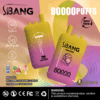 Two yellow and purple gradient disposable vape devices branded as S.BANG BANG LEADER with a monkey wearing headphones illustration, highlighting features like Type-C charging, 80000 puffs, dual mesh, and triple flavors including Red Bull, Watermelon Bubble Candy, and Strawberry Ice Cream, set against a colorful pastel background.