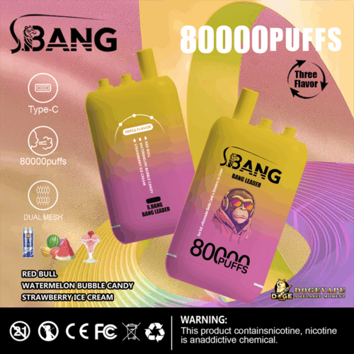 Two Yellow And Purple Gradient Disposable Vape Devices Branded As S.bang Bang Leader With A Monkey Wearing Headphones Illustration, Highlighting Features Like Type-C Charging, 80000 Puffs, Dual Mesh, And Triple Flavors Including Red Bull, Watermelon Bubble Candy, And Strawberry Ice Cream, Set Against A Colorful Pastel Background.
