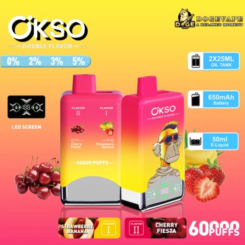Promotional Image Featuring The 'Okso Double Flavor' Vape Device, Showing Its Vibrant Pink And Yellow Design, Flavors Cherry Fiesta And Strawberry Banana, Key Features Like 60000 Puffs, 2X25Ml Oil Tank, And 650Mah Battery, With Added Graphic Elements Showcasing Cherries And Strawberries.
