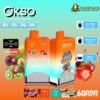 Promotional display for OKSO Double Flavor vape featuring a dual flavor option of Kiwi Passion Fruit Guava and Strawberry Cherry, highlighting its 650mAh battery, 50ml e-liquid capacity, and 60,000 puffs capability alongside rich fruit imagery and brand details.