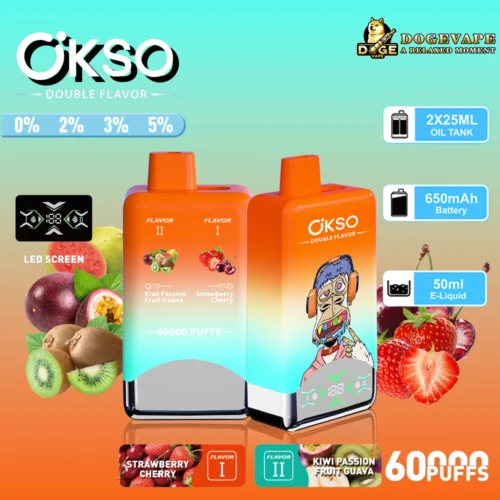 Promotional Display For Okso Double Flavor Vape Featuring A Dual Flavor Option Of Kiwi Passion Fruit Guava And Strawberry Cherry, Highlighting Its 650Mah Battery, 50Ml E-Liquid Capacity, And 60,000 Puffs Capability Alongside Rich Fruit Imagery And Brand Details.