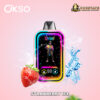 Okso vaping device with a colorful frame and a digital display, surrounded by splashing water, ice cubes, and a fresh strawberry, against a pink background with Okso and Dogevape logos and caption 'Strawberry Ice'.