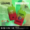 Two red and green gradient S.BANG BANG LEADER vaping devices labeled with triple flavors: strawberry kiwi, peach ice, and cherry cola, against a green abstract background with text highlighting 80000 puffs, Type-C charging, and dual mesh features.