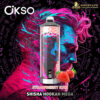 Promotional image for Okso Dogevape shisha hookah mega featuring a colorful, stylized person with vibrant pink and blue hair and a strawberry kiwi flavour vape device in the centre, set against a dark background with mystical symbols and text.