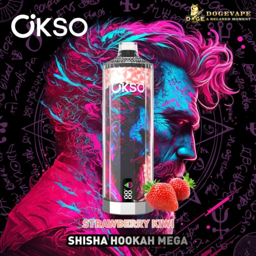 Image promotionnelle pour Okso Dogevape Shisha Hookah Mega mettant en vedette une personne colorée et stylisée avec des cheveux roses et bleus vibrants et un appareil de vapotage à saveur de fraise et de kiwi au centre, sur un fond sombre avec des symboles et du texte mystiques.