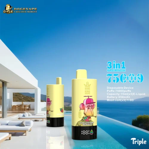 Two Yellow Disposable Vape Devices With Cartoon Monkey Illustrations And Strawberry Red Bull Flavor, Positioned By A Modern Outdoor Pool With White Lounge Chairs And A Scenic Mountain And Sea View Under A Clear Blue Sky, Featuring Text About 3-In-1 Flavors, 75,000 Puffs, 15Ml Capacity, 650Mah Battery, And Triple Mesh Coils