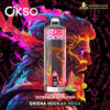 Colorful digital illustration of a fiery bearded man's profile in neon red, orange, blue, and pink tones with a futuristic vape device labeled 'OKSO' in front, surrounded by strawberries, watermelon slices, and bubble gum, set against a black background with mystical symbols and text promoting 'DOGEVAPE' and 'SHISHA HOOKAH MEGA'