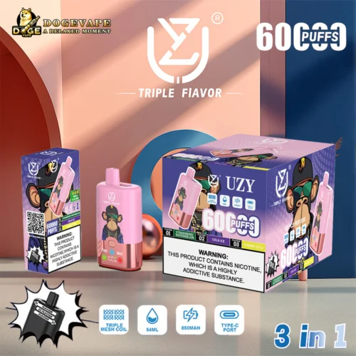 Appareil de vape jetable rose Uzy et emballage avec graphismes de singe de dessin animé, avec texte mettant en évidence 6000 bouffées, options de saveur triple (pastèque à la fraise, glace au cola, cola à la cerise) et spécifications telles qu'une capacité de 54 ml, une batterie de 850 mAh, une bobine à triple maille et un port de type C, sur un fond géométrique coloré avec la marque Dogevape.