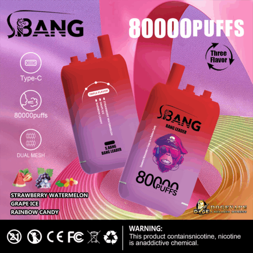 Two Gradient Red To Purple Disposable Vape Devices Labeled S.bang Bang Leader With Triple Flavor Options Including Strawberry Watermelon, Grape Ice, And Rainbow Candy, Highlighting Features Like Type-C Charging, 80000 Puffs, And Dual Mesh, Set Against A Colourful Textured Background With Brand Logos And A Nicotine Warning.