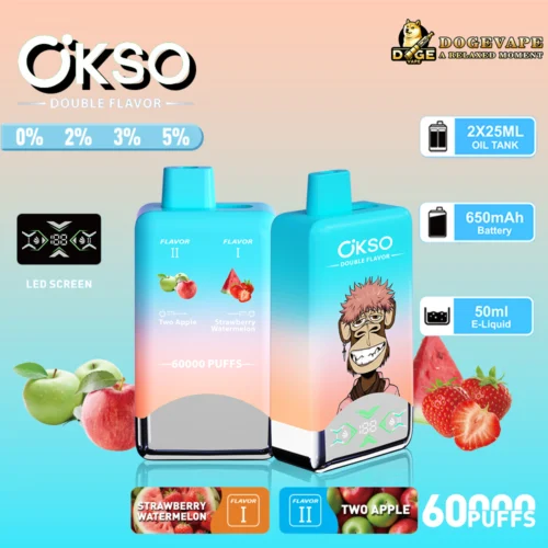Promotional Image For The Okso Double Flavor Vaping Device, Highlighting Features Including Dual 25Ml Oil Tanks, A 650Mah Battery, An Led Screen, And 60000 Puffs With Flavors Two Apple And Strawberry Watermelon.