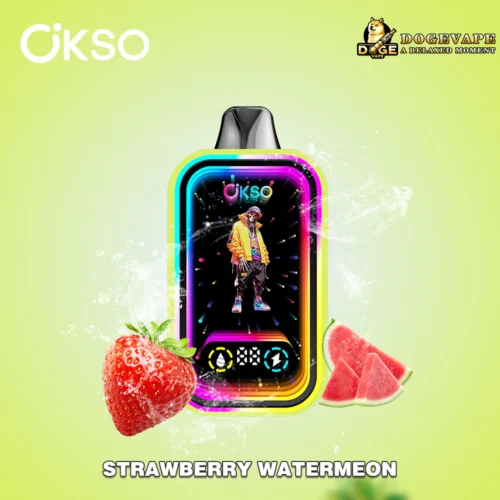 Appareil de vapotage Okso coloré avec écran éclairé au néon représentant une personne portant une veste jaune, accompagnée d'images de tranches de fraises fraîches et de pastèque sur un fond vert clair avec des logos pour Okso et Dogevape.
