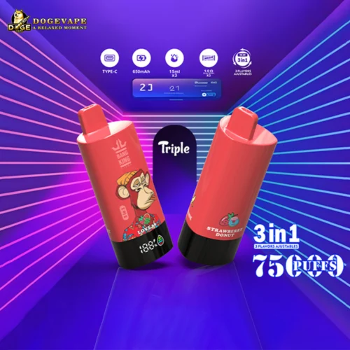 Two Red Disposable Vape Devices Against A Purple And Blue Neon Background, One Featuring A Cartoon Ape And The Text 'Bang King' And 'Love', The Other With Strawberry And Donut Icons Labeled 'Strawberry Donut', Promotional Text Highlights Type-C Charging, 650Mah Battery, 15Ml Capacity, 1.0 Ohm Coil, 3-In-1 Adjustable Flavors, And 7500 Puffs.