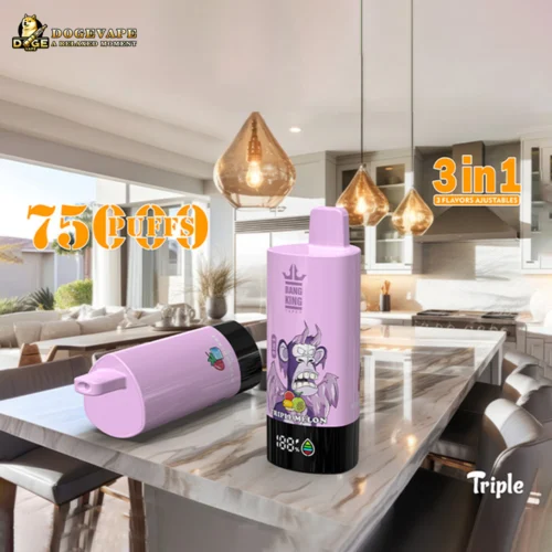 Two Lavender-Colored Vape Devices With Cartoon Gorilla Designs Placed On A Marble Kitchen Island In A Modern Kitchen With Hanging Amber Pendant Lights And Brown Chairs.