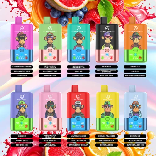 Dix appareils de vapotage colorés avec des graphismes de singe de dessin animé, chacun représentant différentes combinaisons d'e-liquides à triple saveur, affichés sur deux rangées sur un fond vibrant de fruits et de jus, avec des noms de saveurs étiquetés sous chaque appareil.