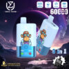 Two light blue vape devices with cartoon ape wearing sunglasses and a cap on them, set against a purple cosmic landscape background, highlighting features like triple mesh coil, 54ml capacity, 850mAh battery, Type-C port, and 6000 puffs; labeled as 3 in 1 and branded by Dogevape.