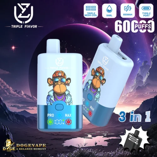 Deux appareils de vapotage bleu clair avec un singe de dessin animé portant des lunettes de soleil et une casquette sur eux, sur fond de paysage cosmique violet, mettant en évidence des caractéristiques telles qu'une bobine à triple maille, une capacité de 54 ml, une batterie de 850 mAh, un port de type C et 6 000 bouffées ; étiqueté comme 3 en 1 et de marque Dogevape.