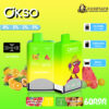 Advertisement for the ÖKSO Double Flavor vape featuring product specifications, two flavour options (Watermelon Bubble Gum and Mixed Fruit), a 650mAh battery, and capacity for 60000 puffs.