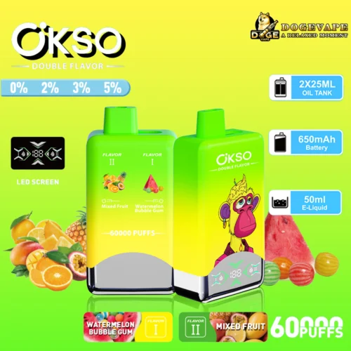 Advertisement For The Ökso Double Flavor Vape Featuring Product Specifications, Two Flavour Options (Watermelon Bubble Gum And Mixed Fruit), A 650Mah Battery, And Capacity For 60000 Puffs.