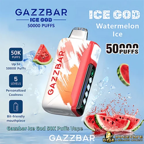 Gazzbar Ice God Einweg-Vape-Gerät mit Wassermeloneneisgeschmack, mit rot-orange gemustertem Gehäuse, verspricht bis zu 50.000 Züge, abgebildet mit spritzenden Wassermelonenscheiben und eisigem Hintergrund.