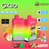 Promotional graphic showcasing the OKSO Double Flavor vaping device with highlighted features including flavors Peach Mango and Watermelon Ice, 60,000 puffs capacity, LED screen, 650mAh battery, and 50ml e-liquid capacity, displayed with colourful fruit imagery and brand logos.