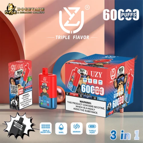 Vape jetable Uzy Triple Flavor, avec son emballage et son appareil à vapoter, orné d'un singe de dessin animé et mis en valeur par des saveurs de pastèque glacée, de melon glacé triple et de fraise-banane, offrant 6 000 bouffées. Avertissement concernant la teneur en nicotine, sur fond de logo Doge Vape et d'icônes de spécifications produit.
