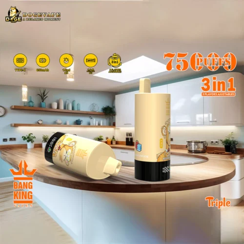 Two Cream-Colored Bang King Vape Devices Placed On A Wooden Kitchen Countertop With Modern White Cabinets And Shelves In The Background, Highlighting Features Like 75 Puffs, 3 In 1 Adjustable Flavors, 650Mah Battery, And 15Ml Capacity.