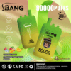 Two green and yellow gradient disposable vape devices labeled S.BANG BANG LEADER with triple flavor watermelon ice, strawberry and mango, banana; background with product icons and brand logos.