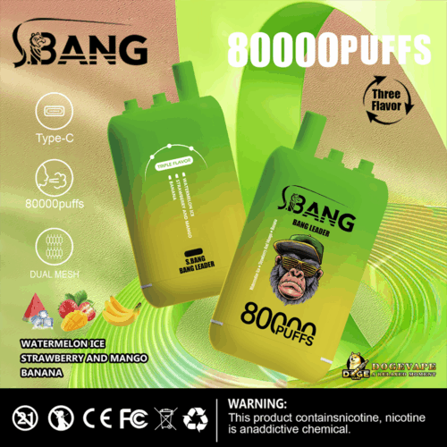 Two Green And Yellow Gradient Disposable Vape Devices Labeled S.bang Bang Leader With Triple Flavor Watermelon Ice, Strawberry And Mango, Banana; Background With Product Icons And Brand Logos.