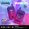 Two purple-to-pink gradient vape devices branded 'S.BANG BANG LEADER' with an illustration of a monkey wearing sunglasses, advertising 80,000 puffs with triple flavor options: blueberry ice, strawberry and banana, and mixed berries, alongside icons for Type-C charging and dual mesh, set against a vibrant purple and pink abstract background.