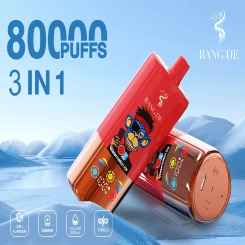Promotional Image Of Bang De 3-In-1 Vape Device Highlighting Features Such As '80000 Puffs,' Flavors, 650Mah Battery Capacity, And Type-C Charging, With A Playful Design Displayed Against An Icy Mountain Backdrop.