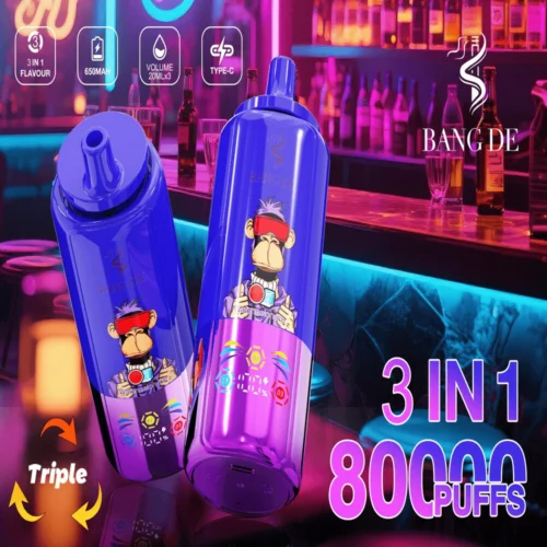 A Promotional Image Of A Vibrant Vaping Device Featuring A Cartoon Ape And Labeled Specifications Including '3-In-1 Flavour,' '650Mah,' And '8000 Puffs,' Against A Neon-Lit Bar Background.