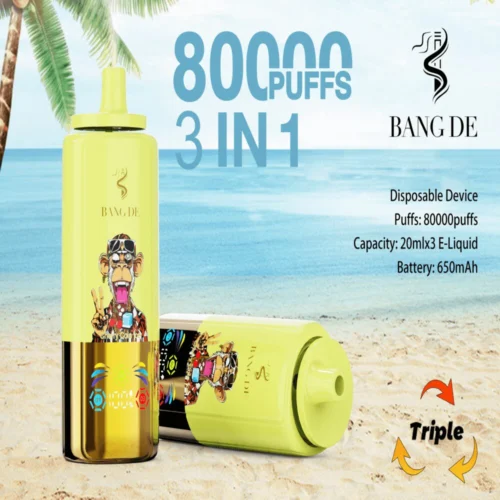 Promotional Image Of A Disposable Vaping Device Labeled 'Bang De' Featuring A Cartoon Monkey Graphic And Specifications Highlighting 80000 Puffs, 20Mlx3 E-Liquid Capacity, And 650Mah Battery; Shown Against A Tropical Beach Backdrop.