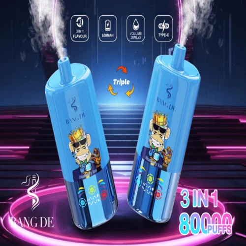 Promotional Image Of A Blue Bang De Branded 3-In-1 Vaping Device With 800000 Puffs, Showcasing A Cartoon Ape Design And Neon Background.